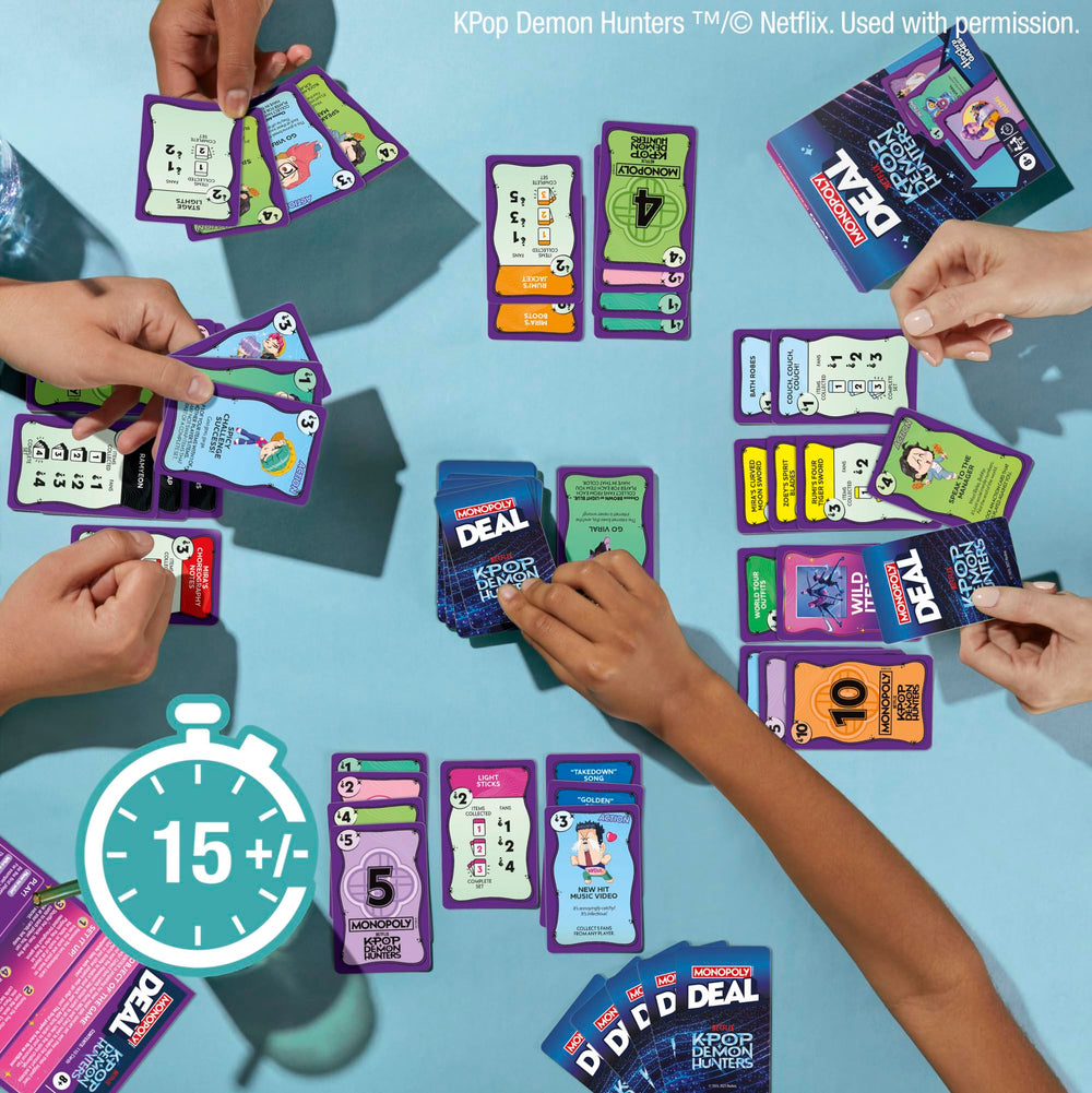 Hasbro Monopoly Deal KPop Demon Hunters item cards showing essential objects