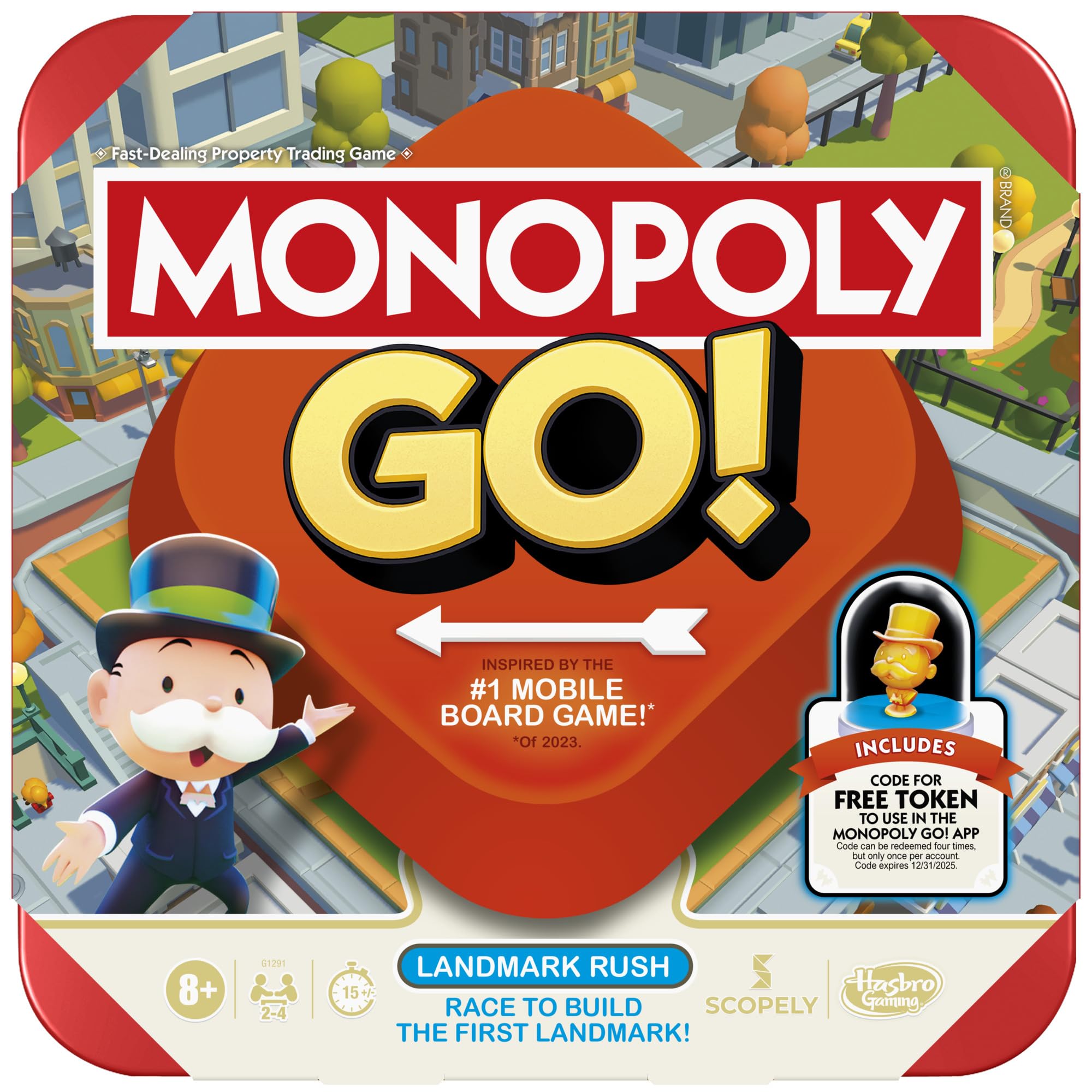 Hasbro Monopoly GO! box ready for family game night with vibrant components.