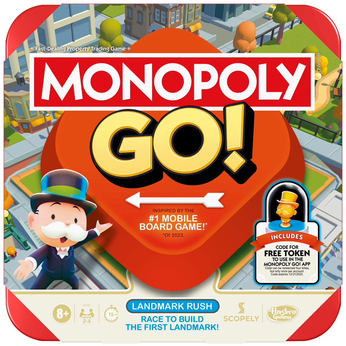 Hasbro Monopoly GO! box ready for family game night with vibrant components.