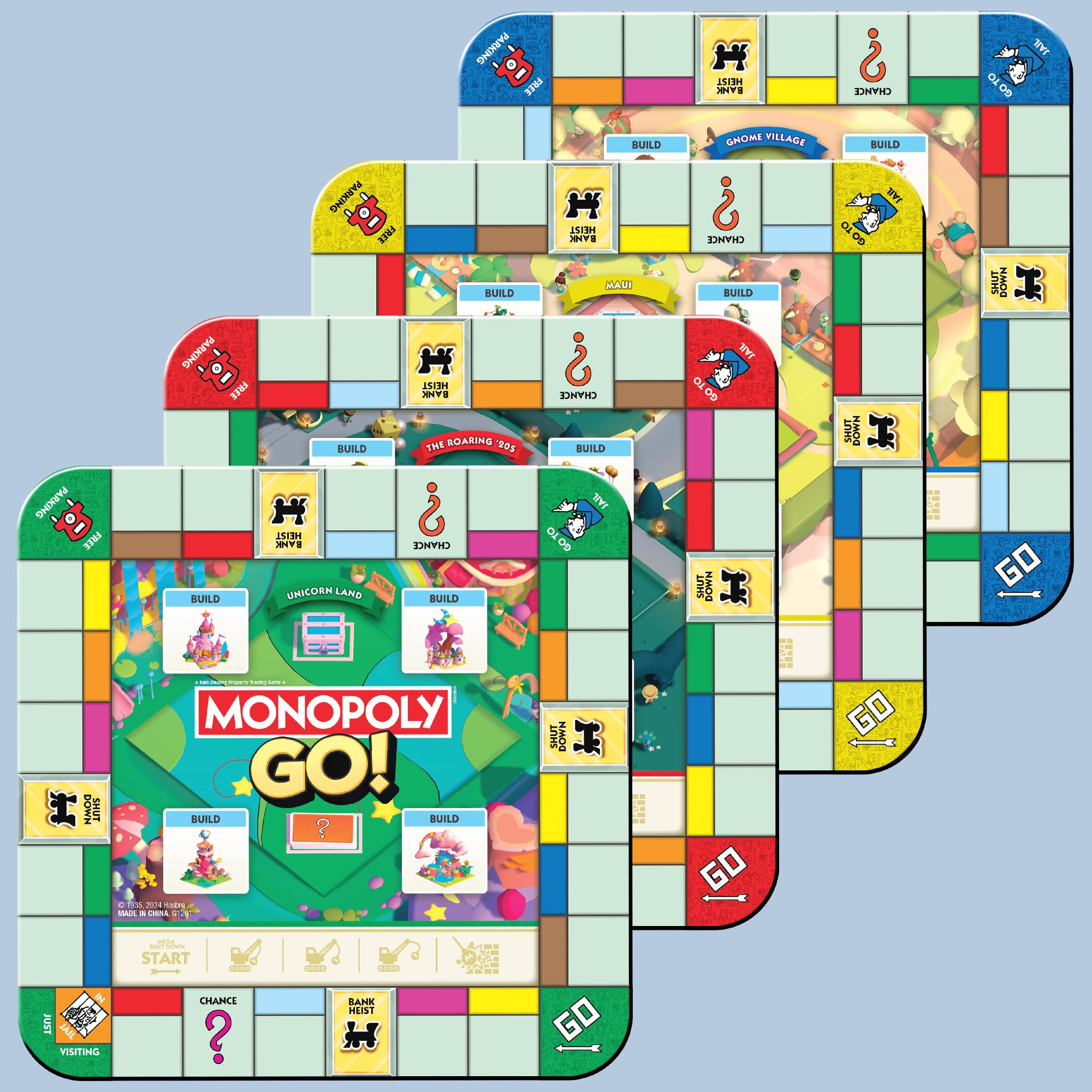 Hasbro Monopoly GO! landmark blocks showcase colorful stacks for strategy.