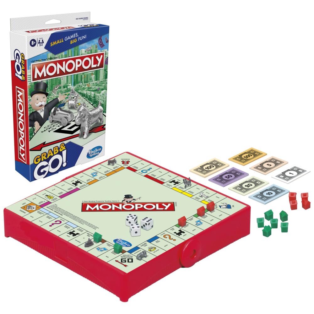 Hasbro Monopoly Grab N Go board shown in a compact travel setup for on-the-go fun