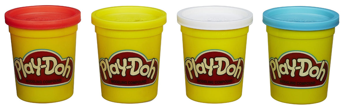Hasbro Play-Doh 4-pack colors in red, yellow, white, blue for imaginative play and color mixing.