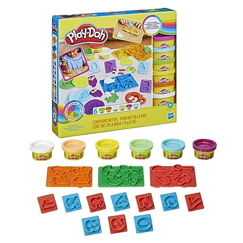 Six colors of Play-Doh for versatile color mixing and counting fun.
