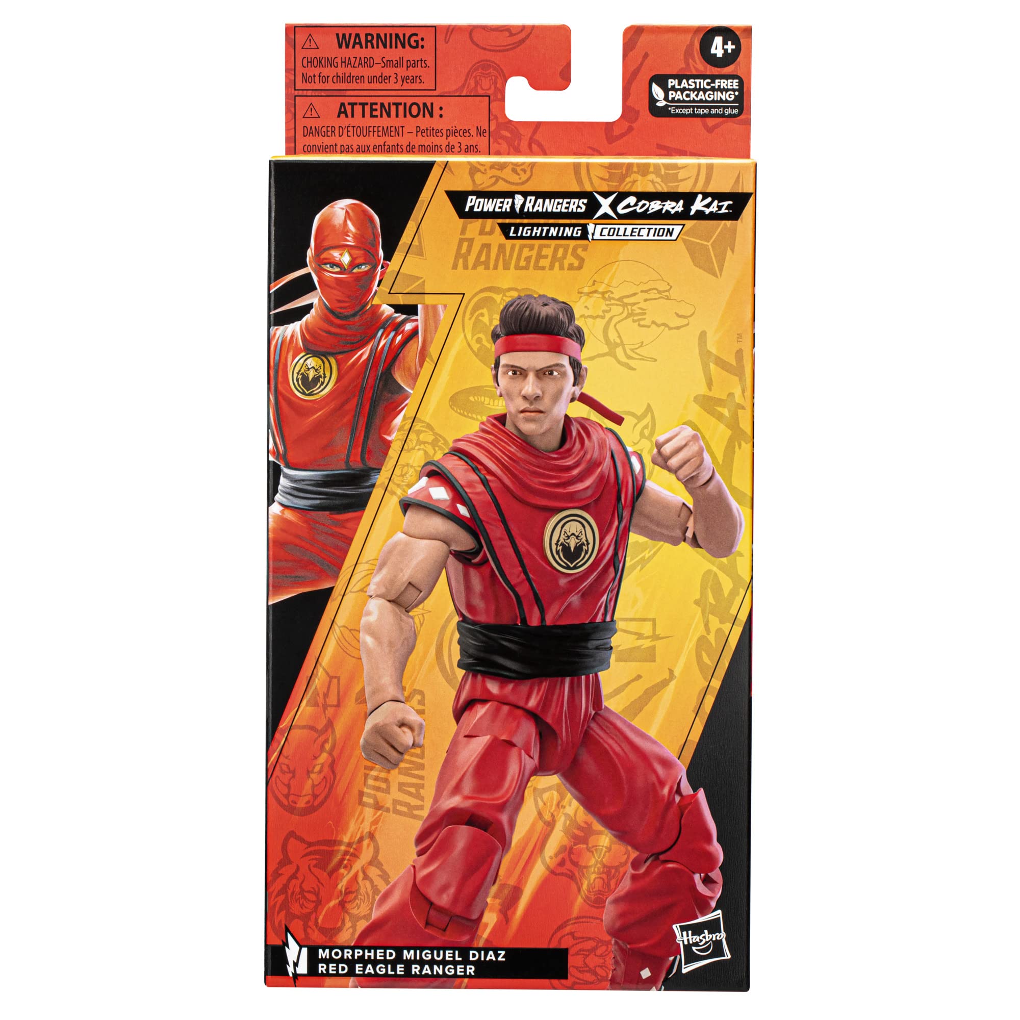 Hasbro Power Rangers Cobra Kai Morphed Miguel Diaz Red Eagle Ranger figure helmet closeup.