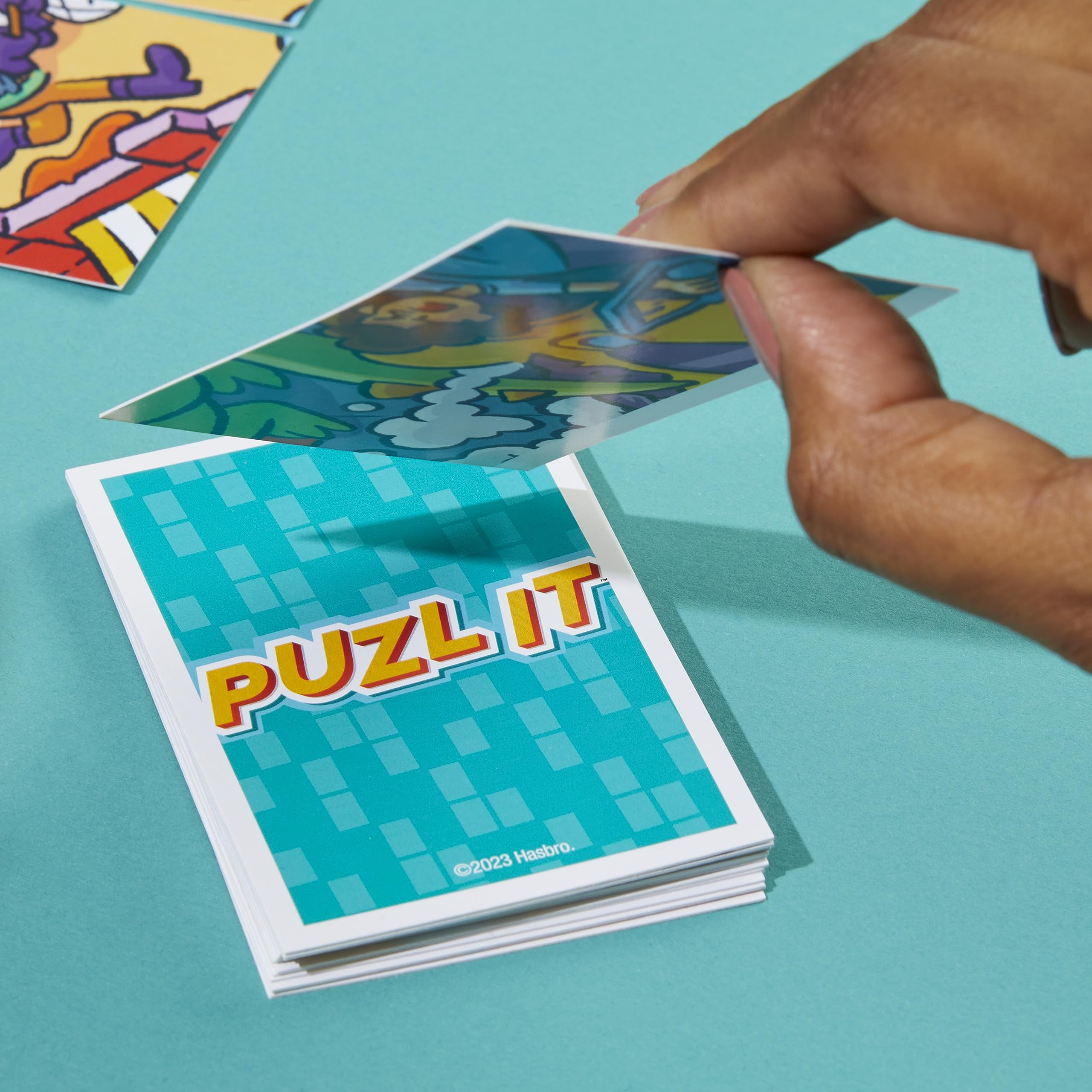Hasbro Puzl It game: blocker-card moment highlights defense strategy and tense near-wins.