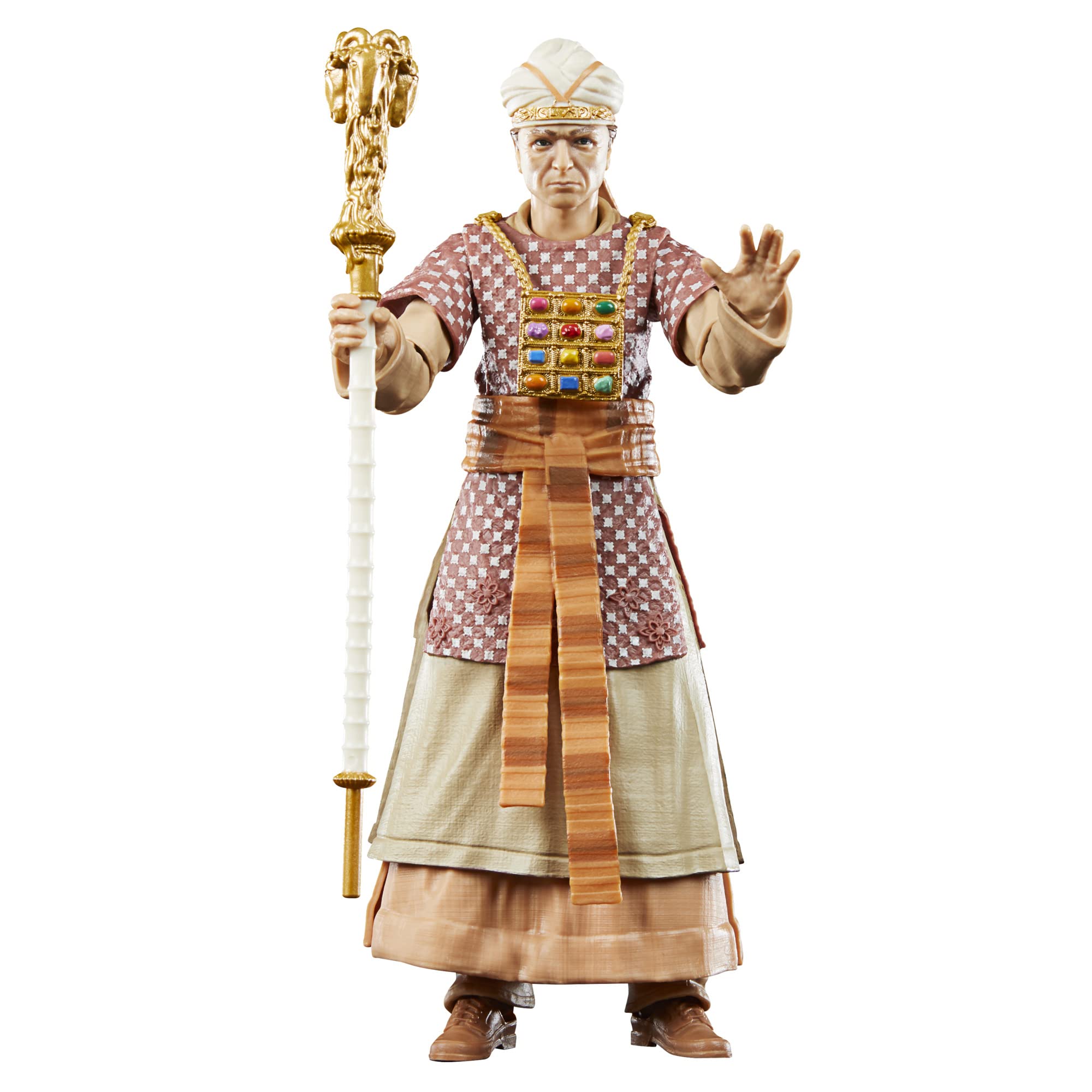 Hasbro René Belloq ceremonial figure with detachable goat-head staff for dramatic poses.