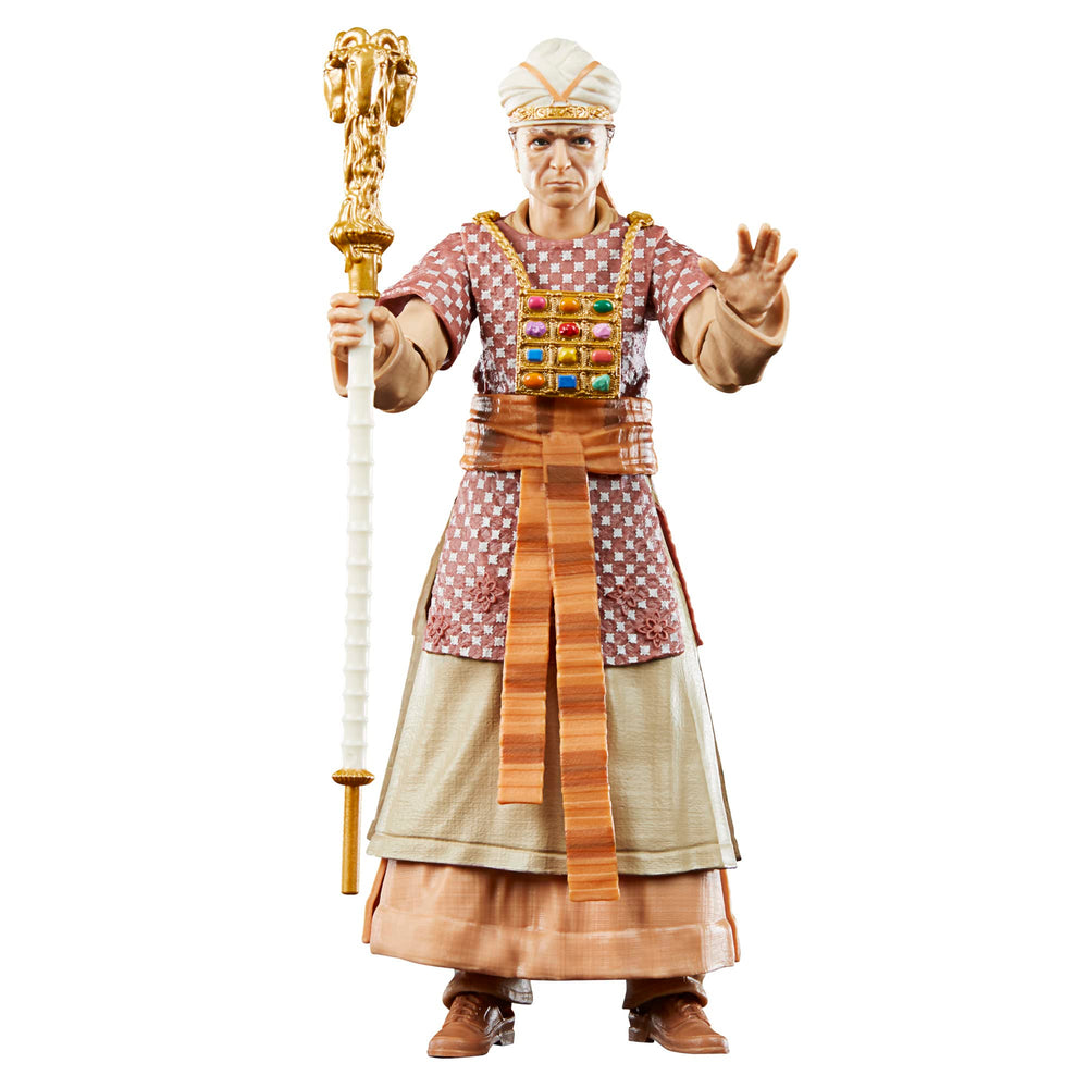 Hasbro René Belloq ceremonial figure with detachable goat-head staff for dramatic poses.
