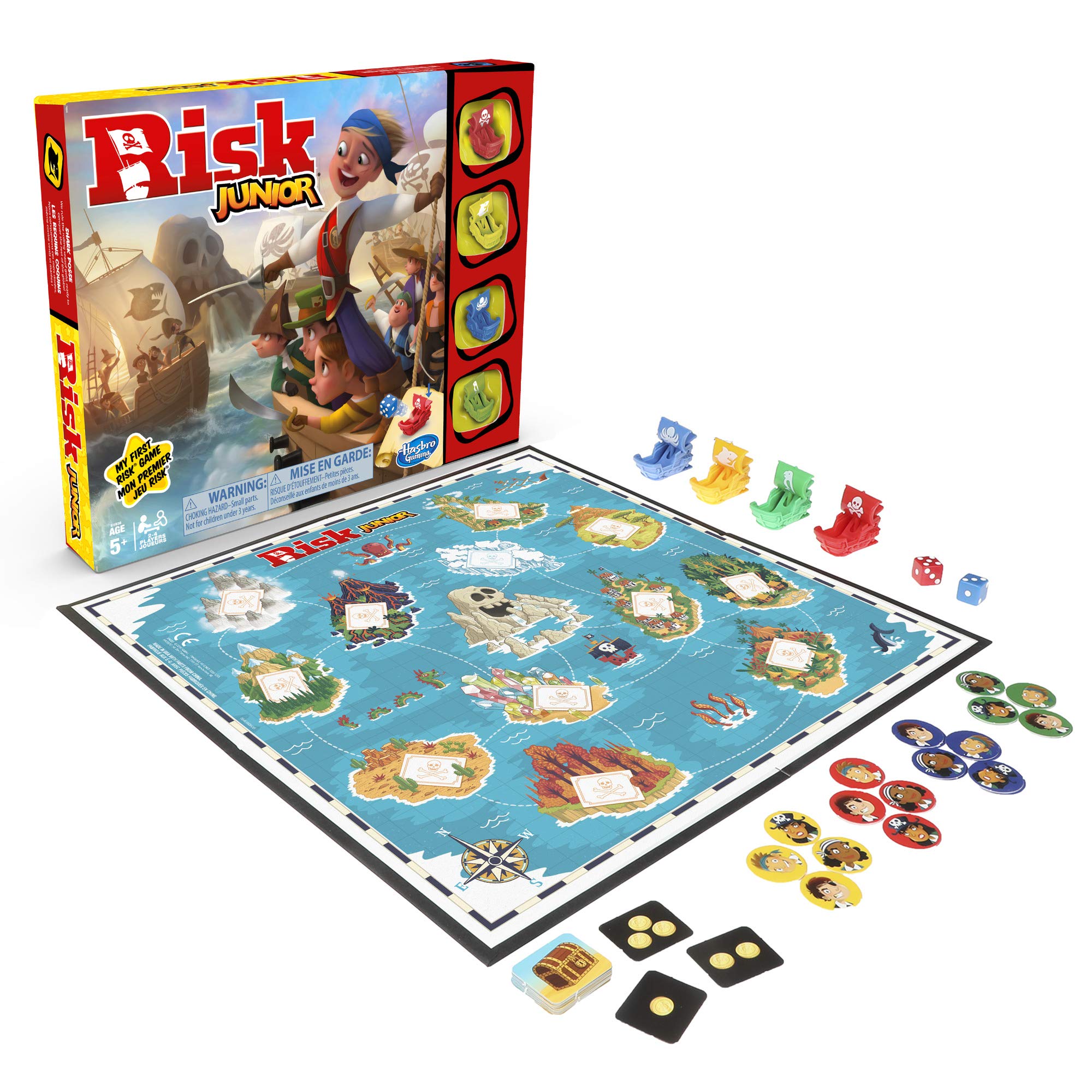Hasbro Risk Jr dice and treasure tokens ready for fast, suspenseful battles.