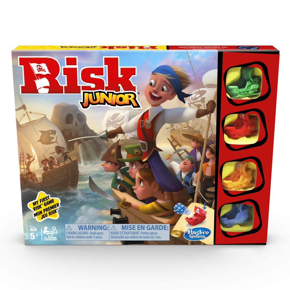 Hasbro Risk Jr pirate board game shows a colorful layout for family play.