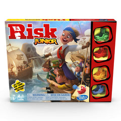 Hasbro Risk Jr pirate board game shows a colorful layout for family play.