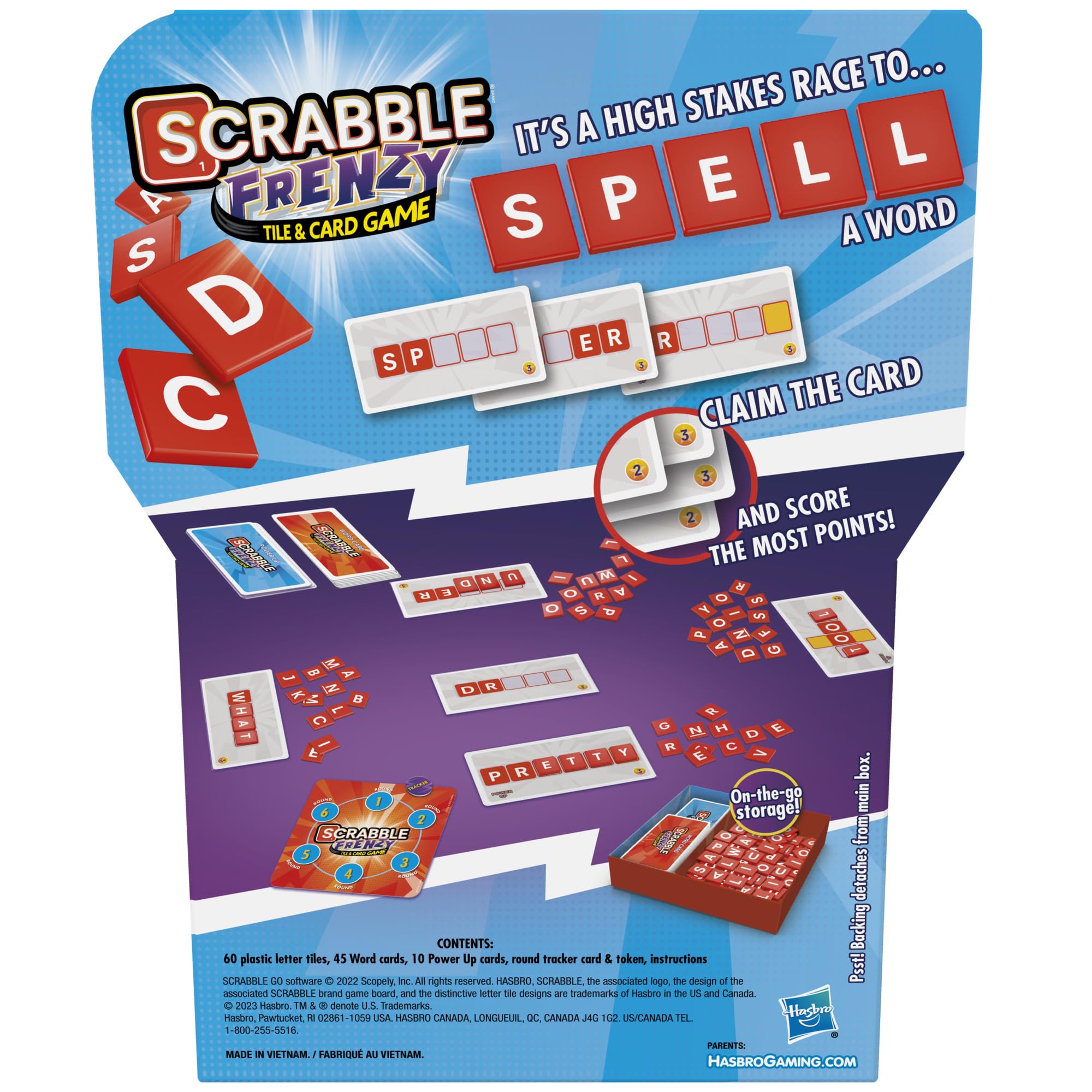 Hasbro Scrabble Frenzy word cards setup showing fast vocabulary challenges for kids.