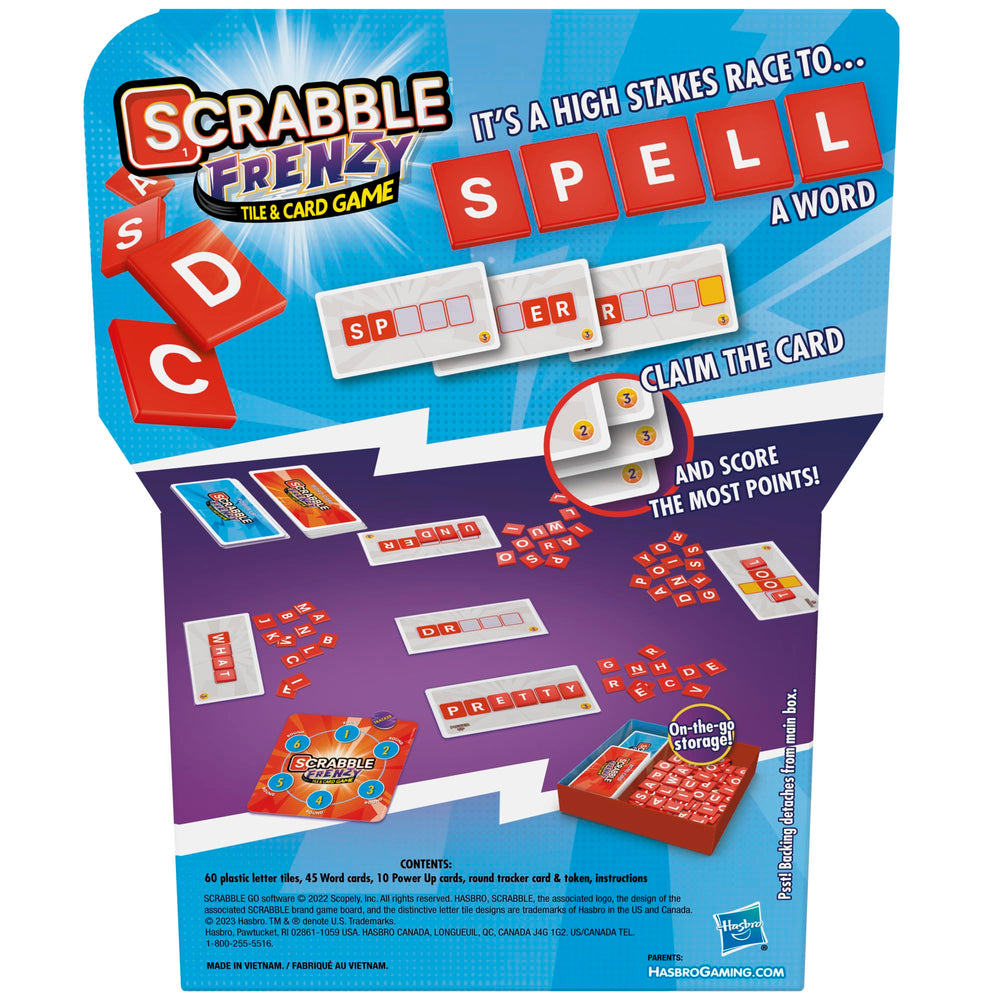 Hasbro Scrabble Frenzy word cards setup showing fast vocabulary challenges for kids.