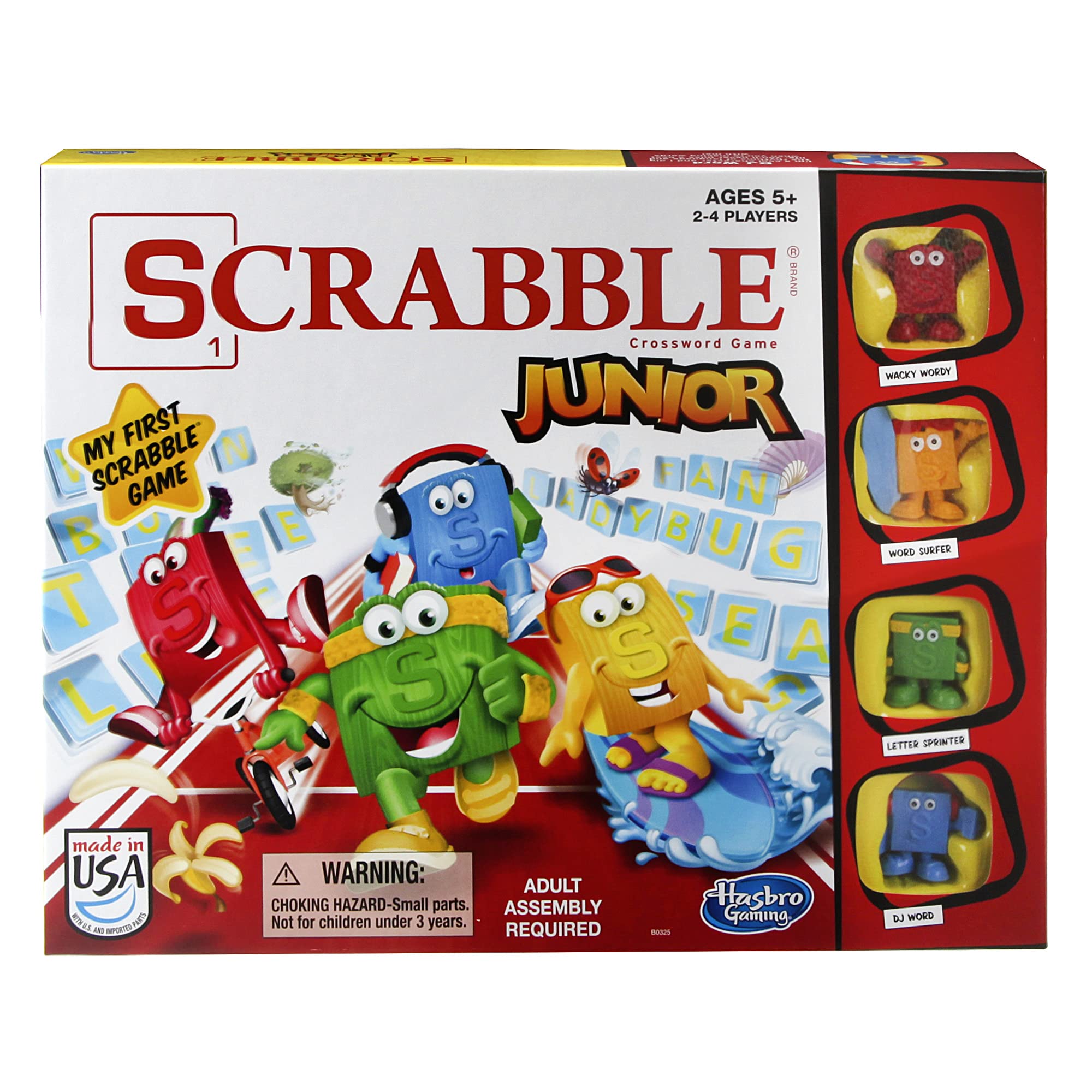 Hasbro Scrabble Junior board game cover with bright colors for family word play