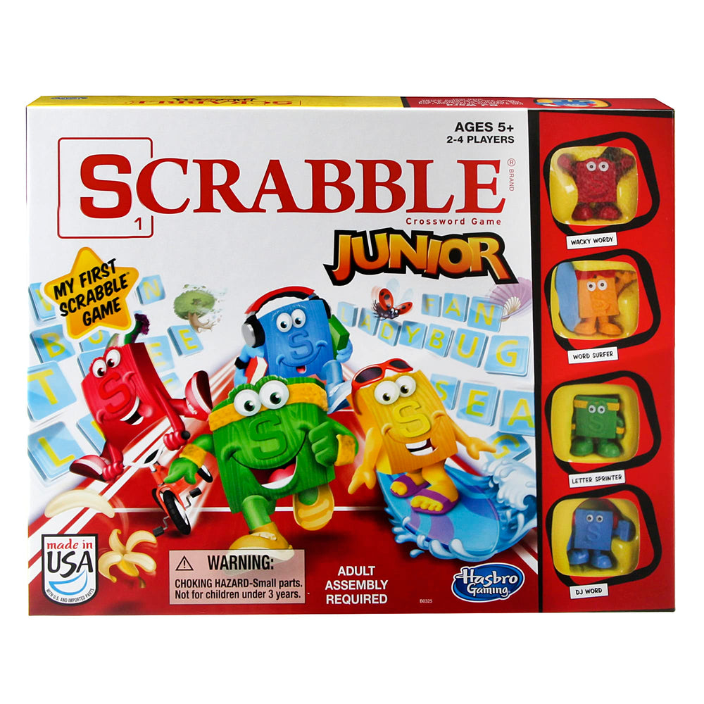 Hasbro Scrabble Junior board game cover with bright colors for family word play