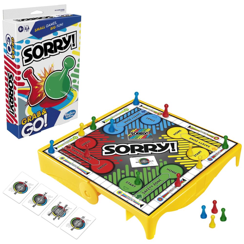 Hasbro Gaming Sorry! grab and go box cover showcases portable family fun on the move.