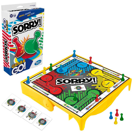 Hasbro Gaming Sorry! grab and go box cover showcases portable family fun on the move.