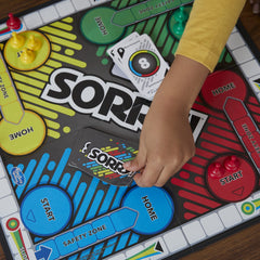 Hasbro Sorry! slide action captured with a dramatic moment on the board.