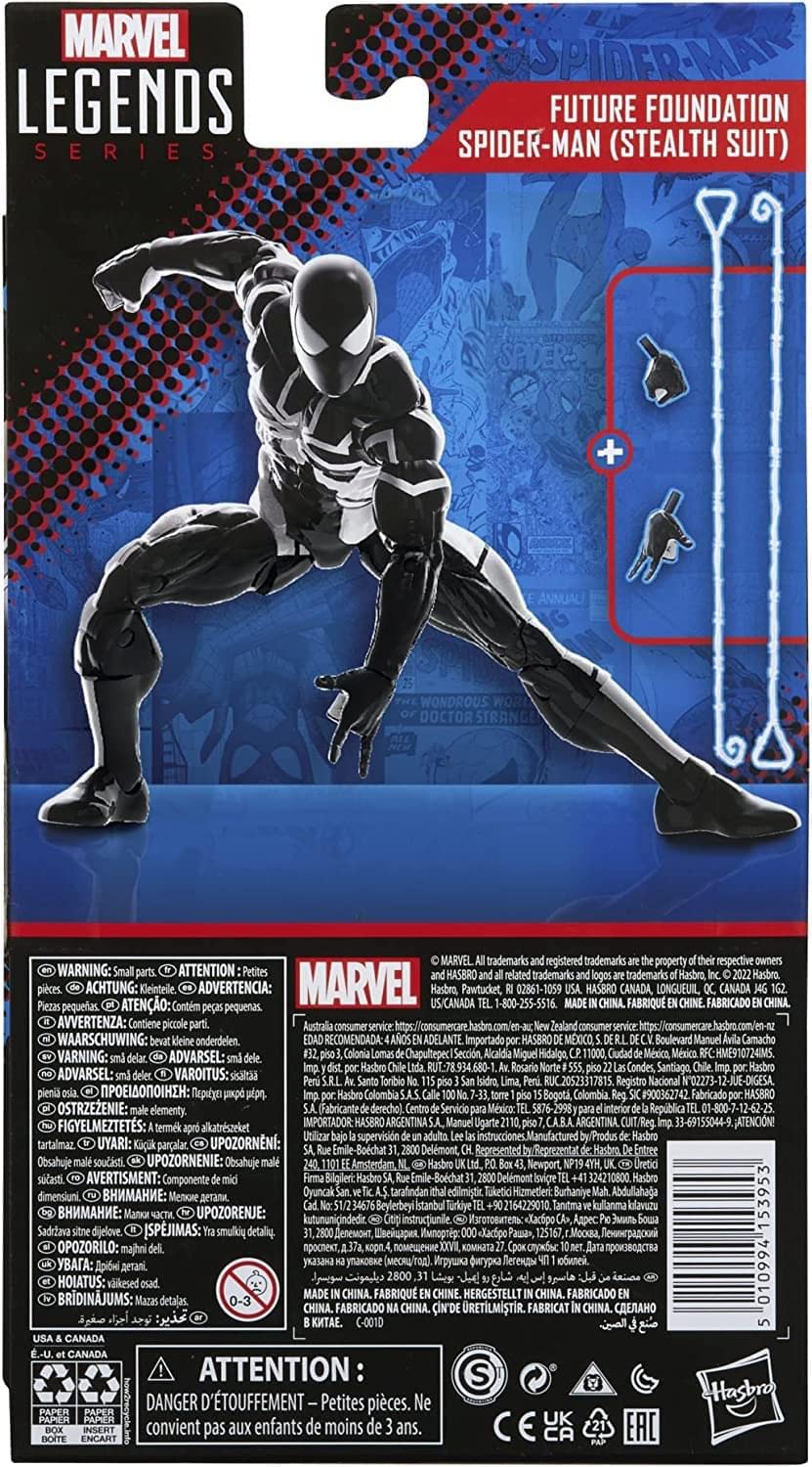 Hasbro Spider-Man Future Foundation stealth-suit figure with two web-line accessories for dynamic scenes.