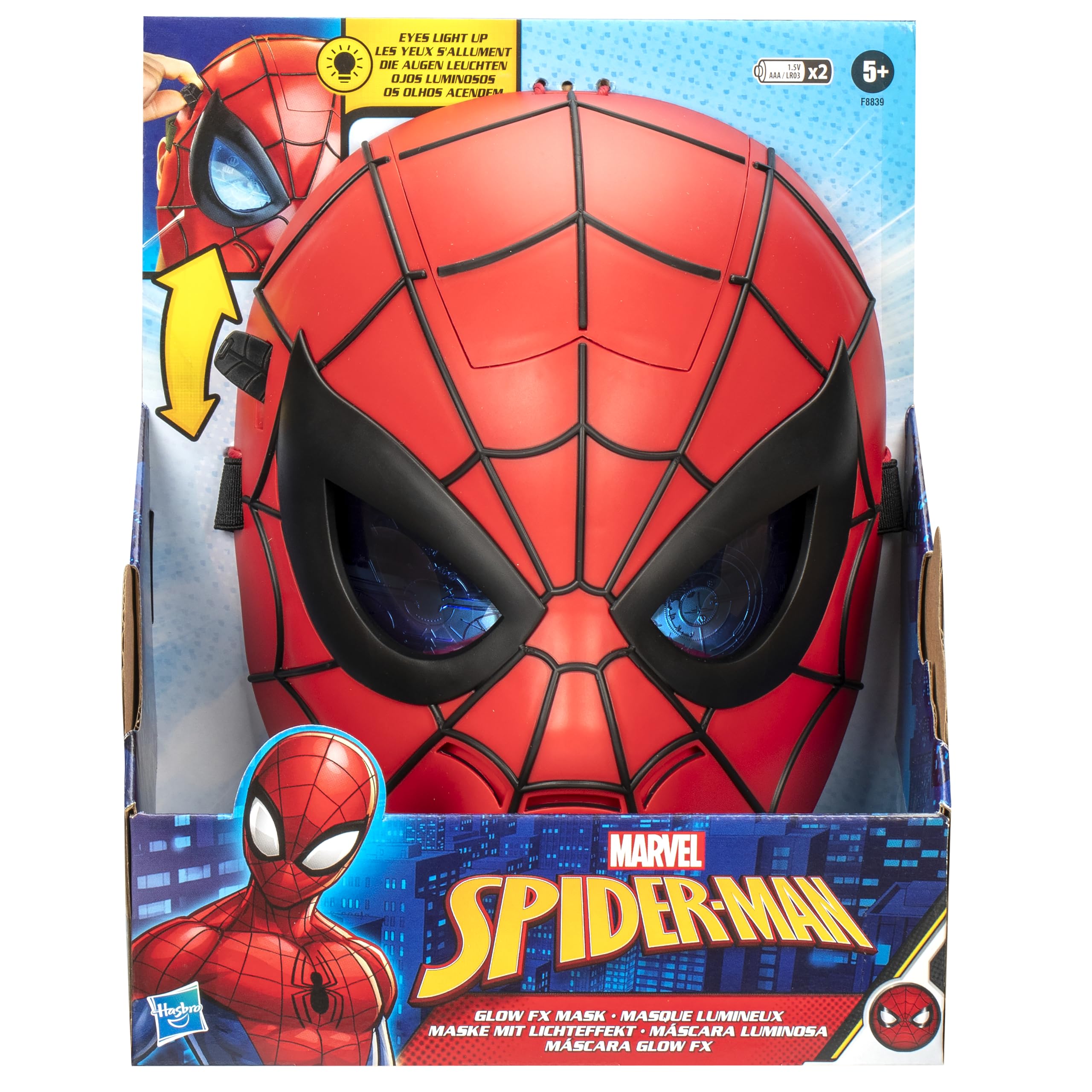 Hasbro Spider-Man Glow FX Mask eye-lens lights up for dramatic scenes.