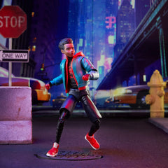 Close-up of Miles Morales costume with webbing texture and color depth.