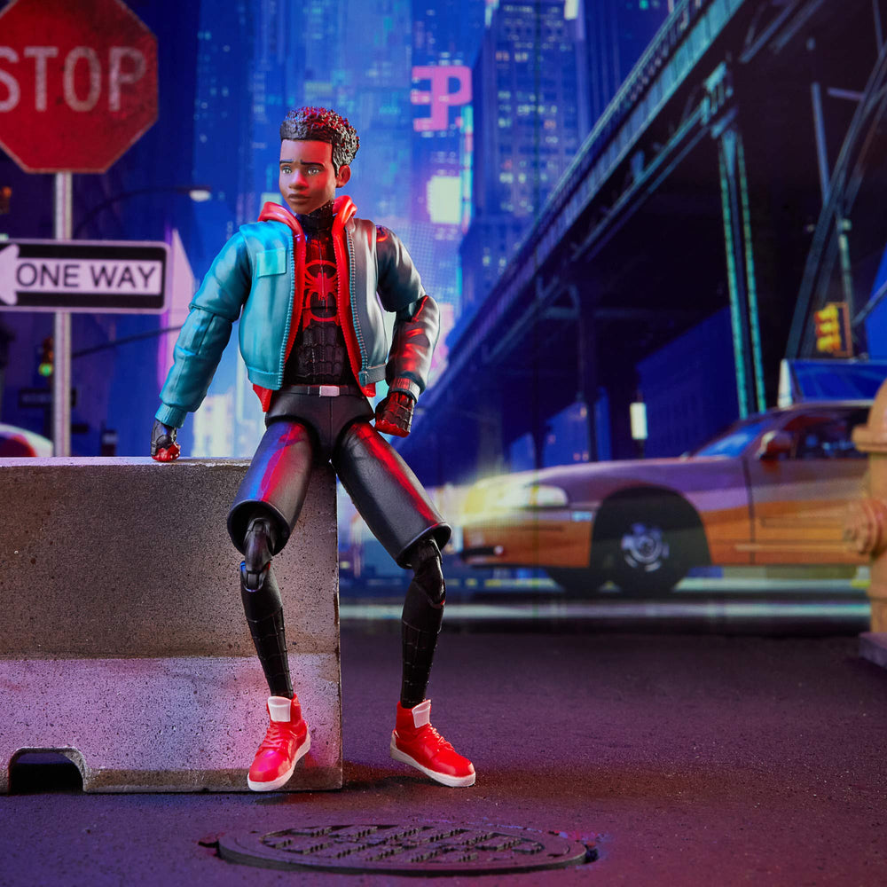 Close-up of Miles Morales sculpt resembling movie design and proportions.