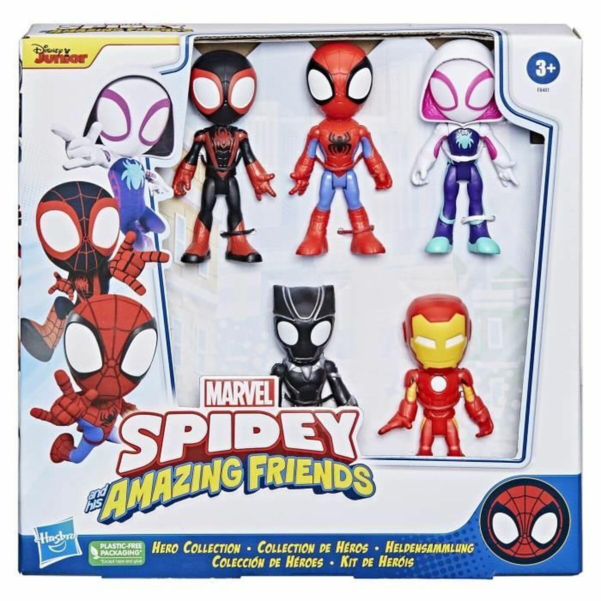 Hasbro Spidey Hero Collection figures close-up, detailed characters inspire pretend play.