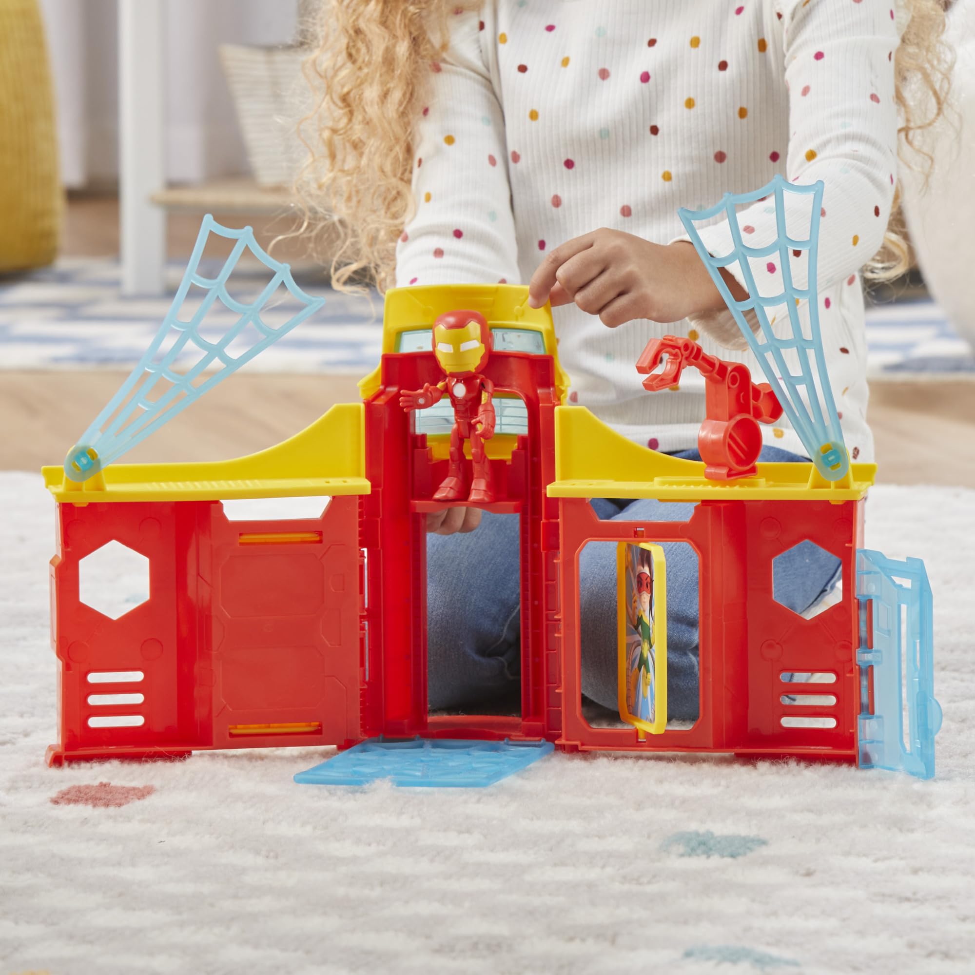 Hasbro Spidey Stark Tower foldable design for easy storage.