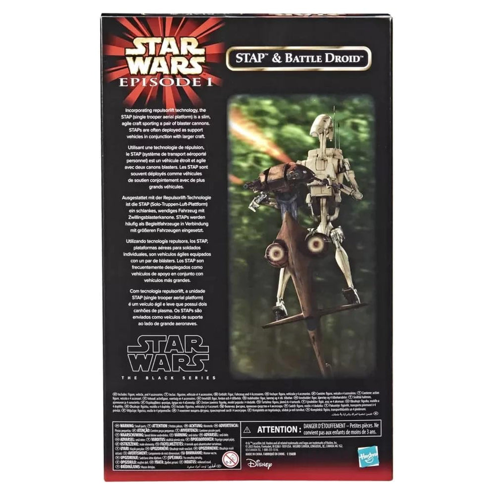 Hasbro Star Wars STAP Battle Droid with removable backpack enhances play.
