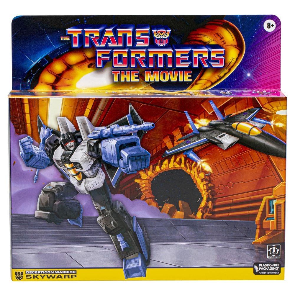 Hasbro Transformers Skywarp retro packaging with movie-inspired art appeals to collectors.