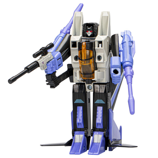 Hasbro Transformers Skywarp retro figure front view showcases authentic G1 styling for display.