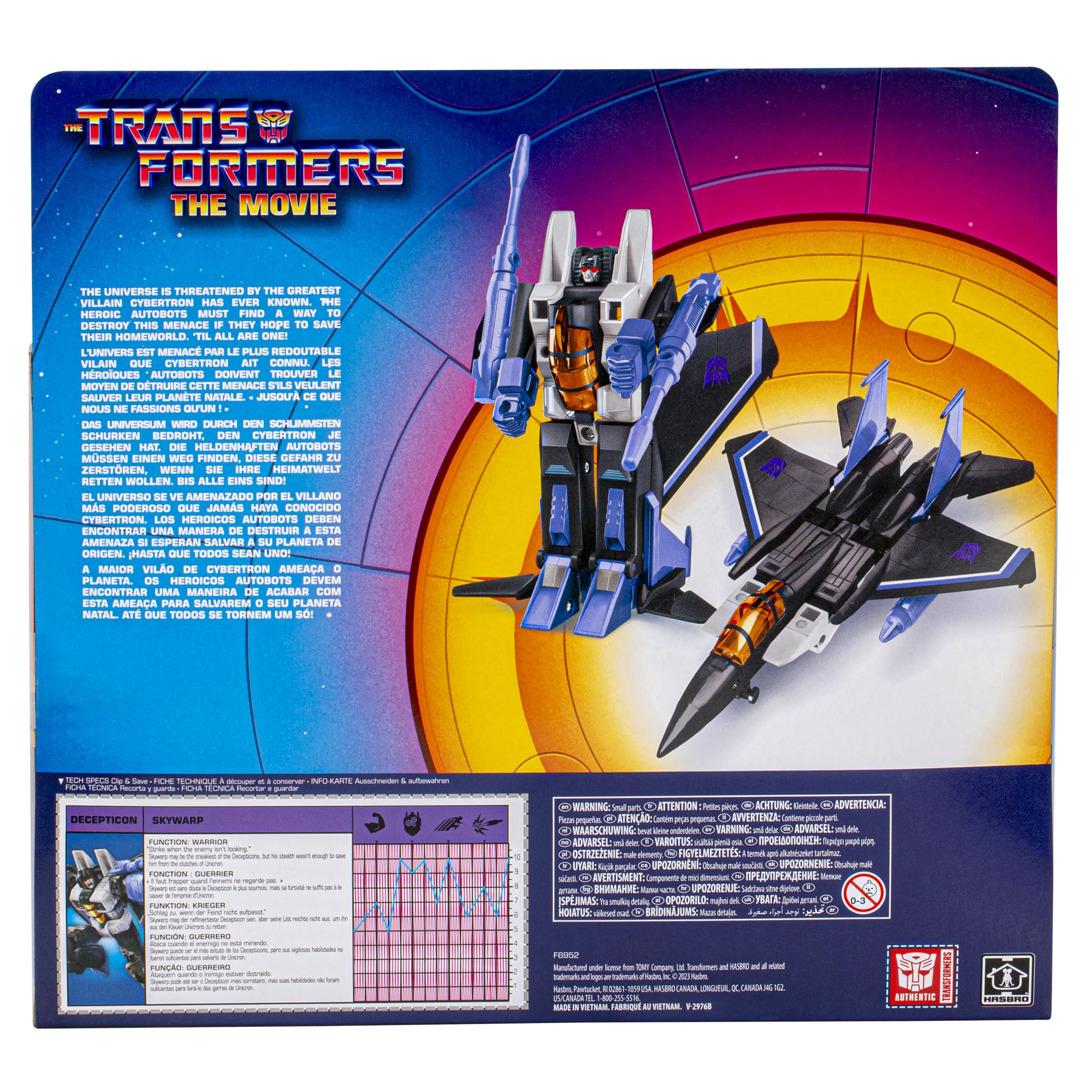 Hasbro Transformers Skywarp tech specs on pack help compare strengths and features.