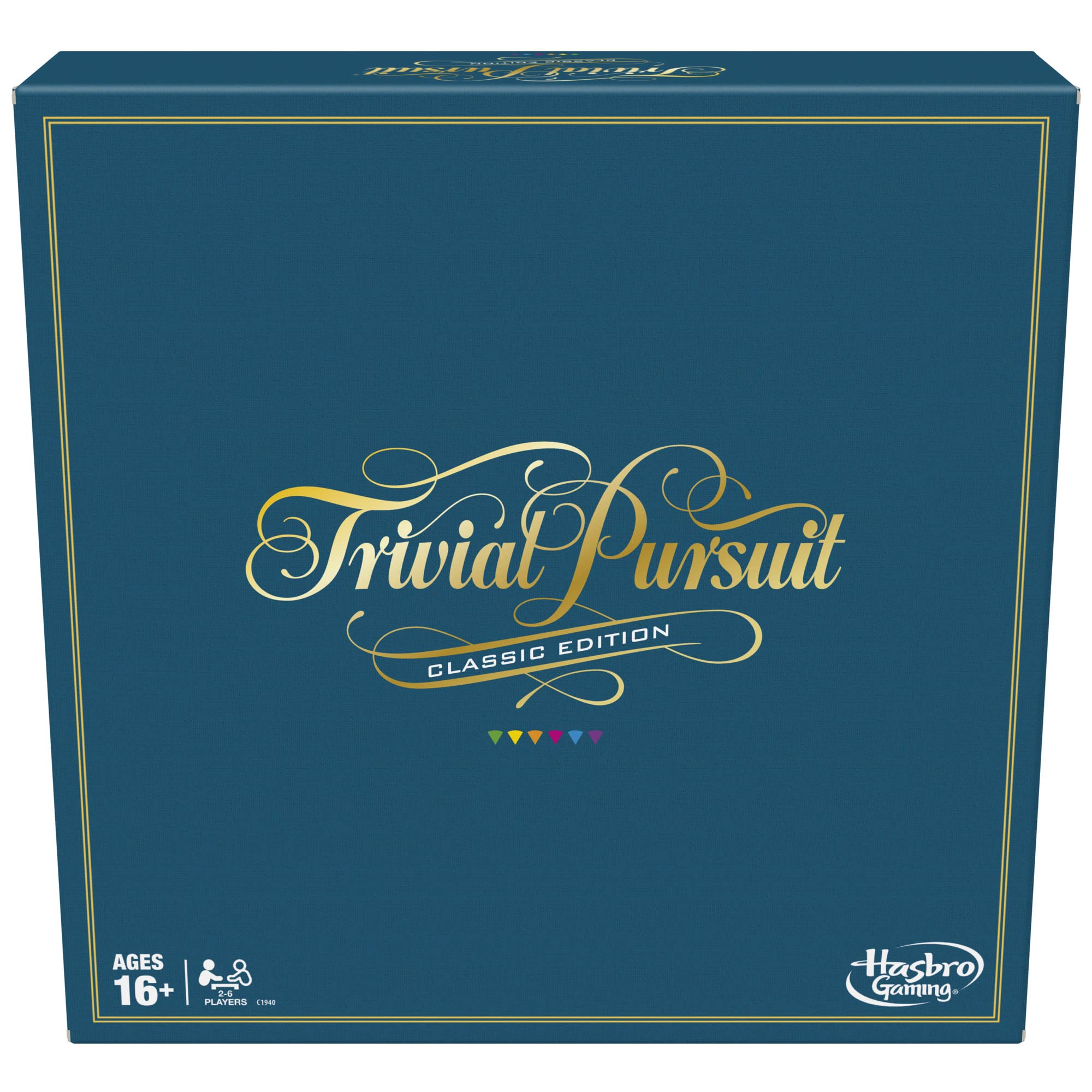 Hasbro Trivial Pursuit Classic Edition box for family game nights and group play.