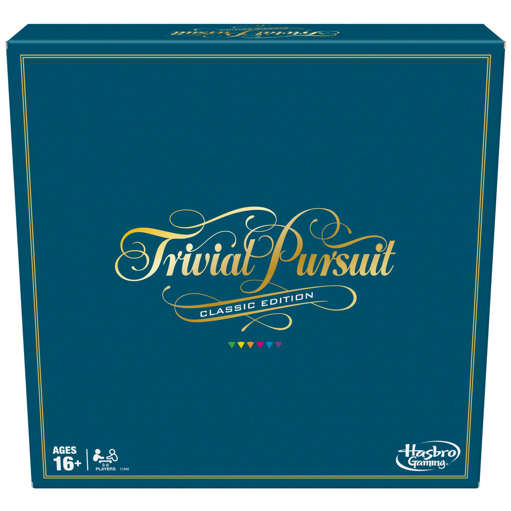 Hasbro Trivial Pursuit Classic Edition box for family game nights and group play.