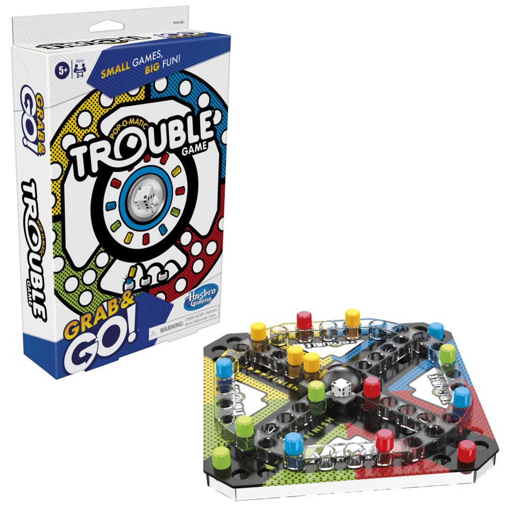 Hasbro Trouble Grab and Go game board, portable setup for family road trips.