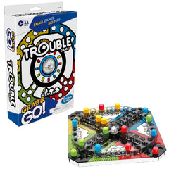 Hasbro Trouble Grab and Go game board, portable setup for family road trips.