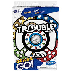 Hasbro Trouble Grab and Go game pegs, quick setup for 2-4 players on the go.