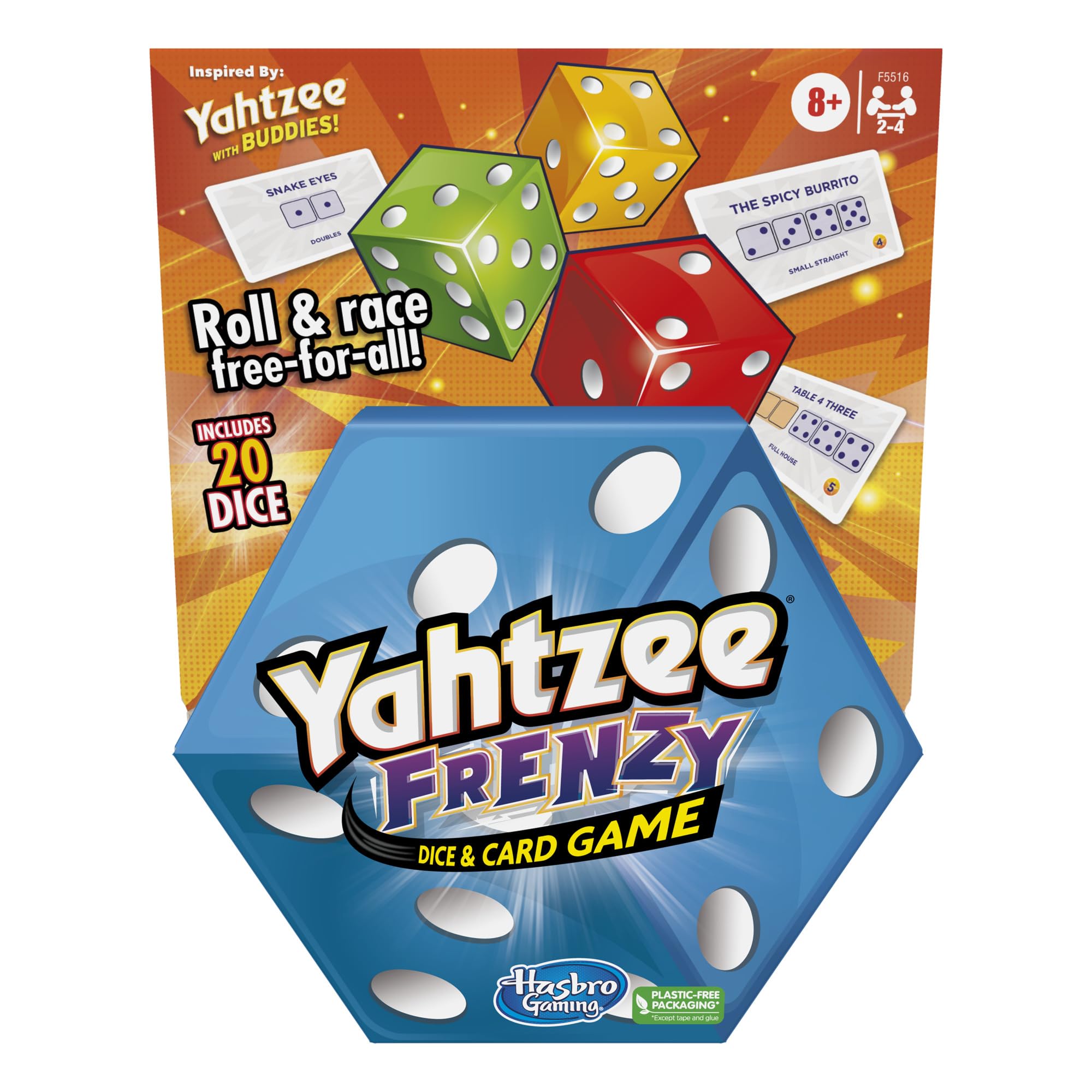 Hasbro Yahtzee Frenzy box shown on table ready for quick family game night