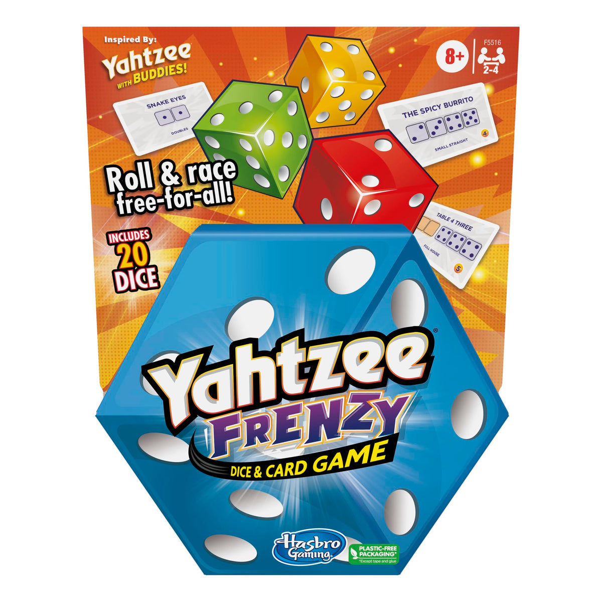 Hasbro Yahtzee Frenzy box shown on table ready for quick family game night