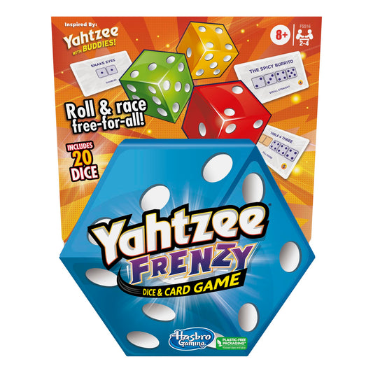 Hasbro Yahtzee Frenzy box shown on table ready for quick family game night