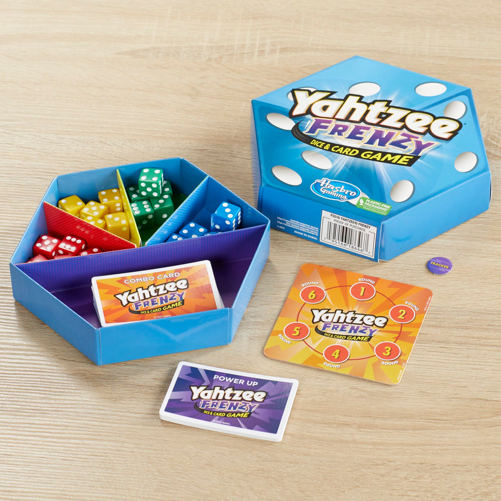 Hasbro Yahtzee Frenzy cards spread for rapid combo hunting