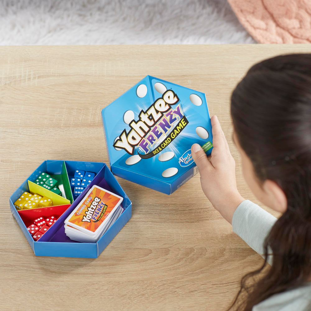 Compact Yahtzee Frenzy box ideal for travel and on the go play