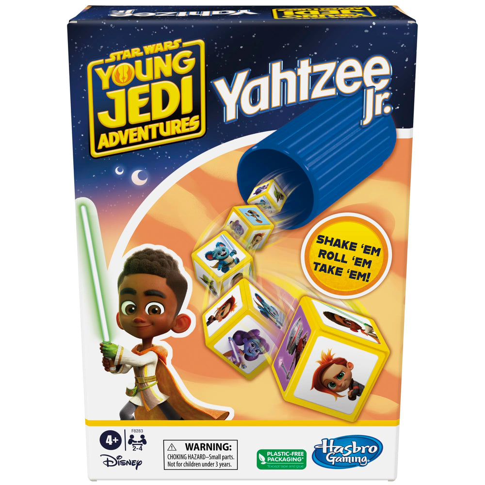 Hasbro Yahtzee Jr. Star Wars box and dice for playful roll-and-score fun.