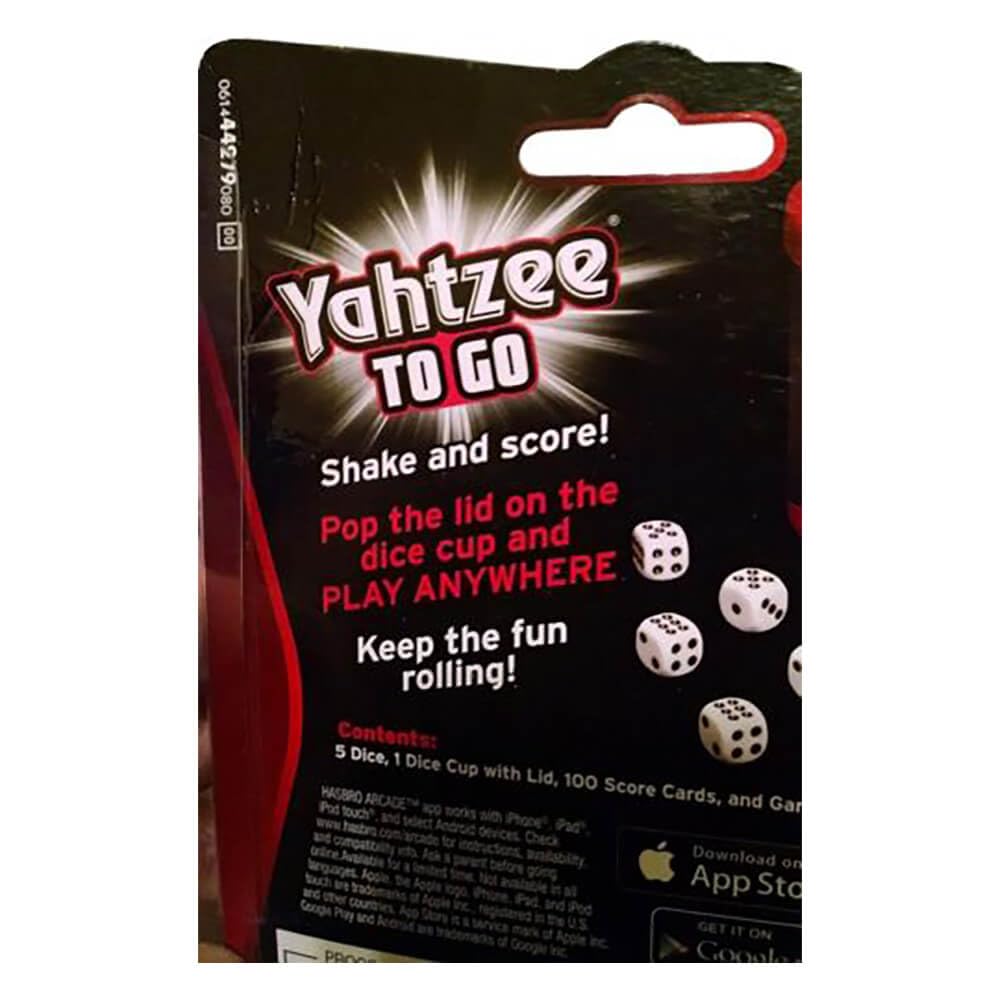Hasbro Yahtzee to Go game guide included for easy setup and play.