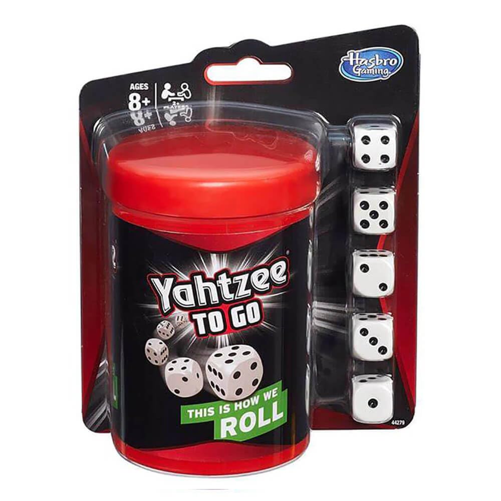 Hasbro Yahtzee to Go travel-size case shows compact play on the go.