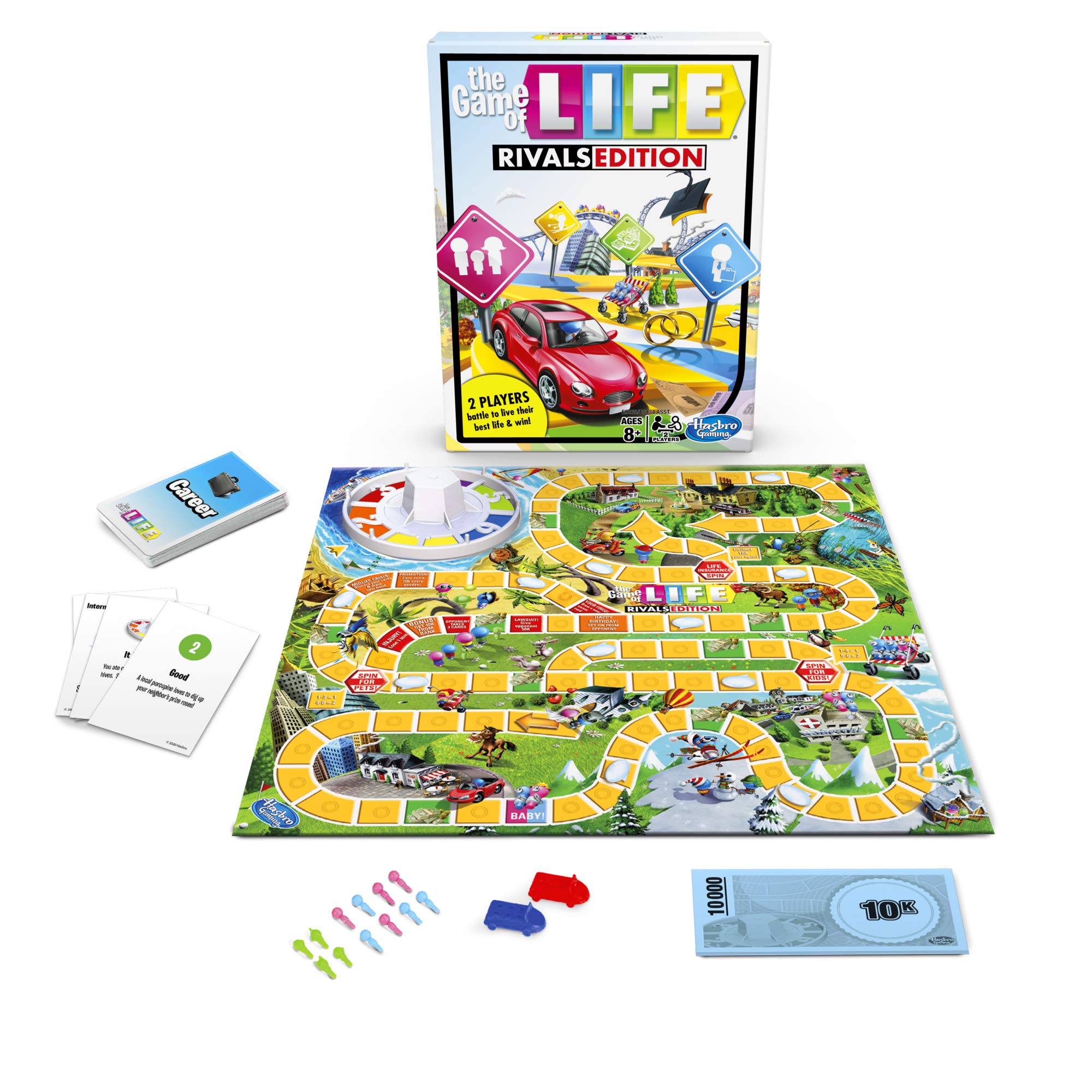The Game of Life Rivals Edition spinner and base are compact for portable setup and on-the-go game sessions.