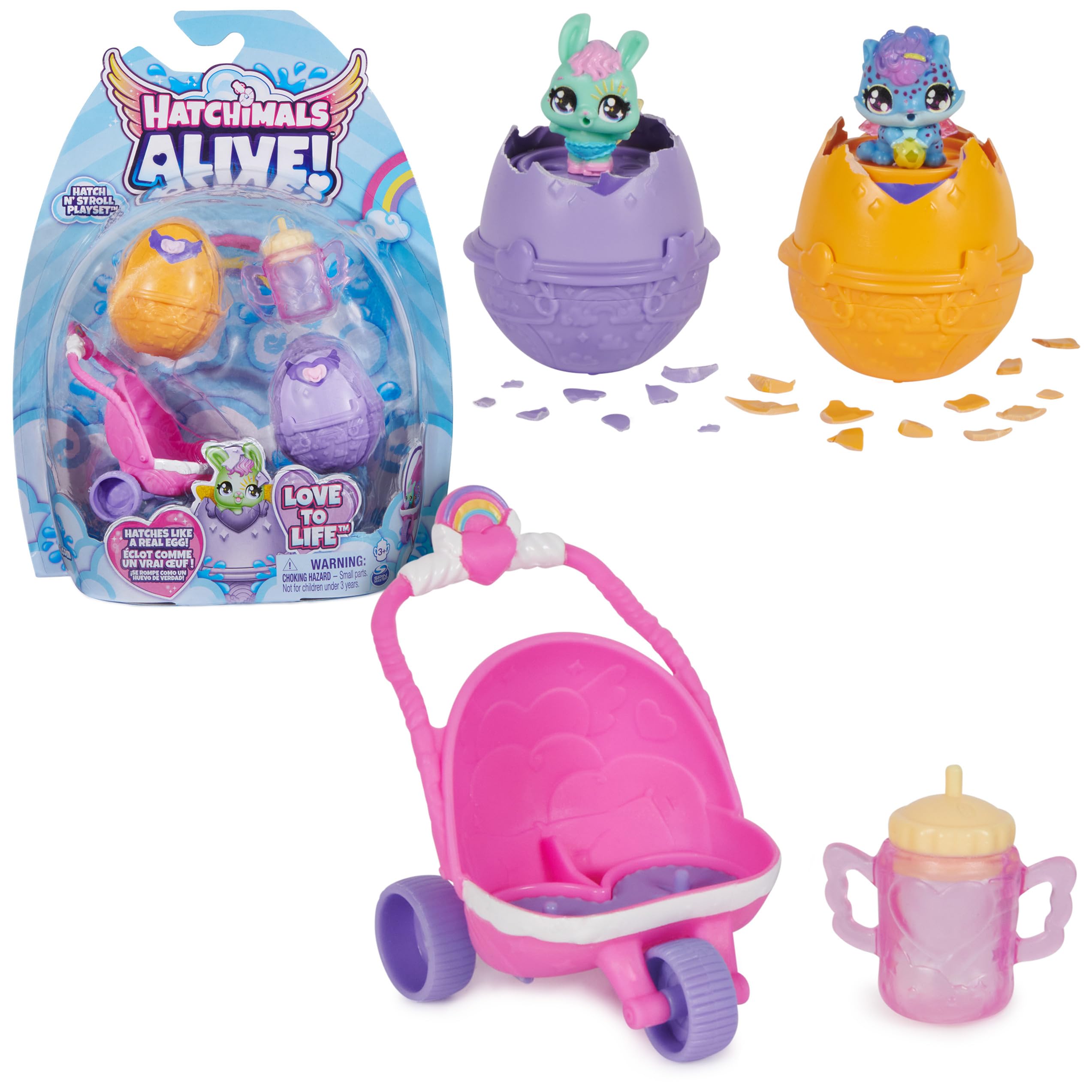 Hatchimals Alive Hatch N’ Stroll playset with two eggs and life-like figures for imaginative play.