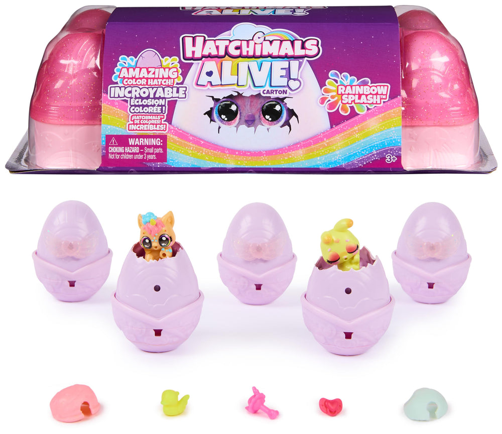 Hatchimals Alive Rainbow Splash Carton closeup of rainbow eggs revealing characters for color magic