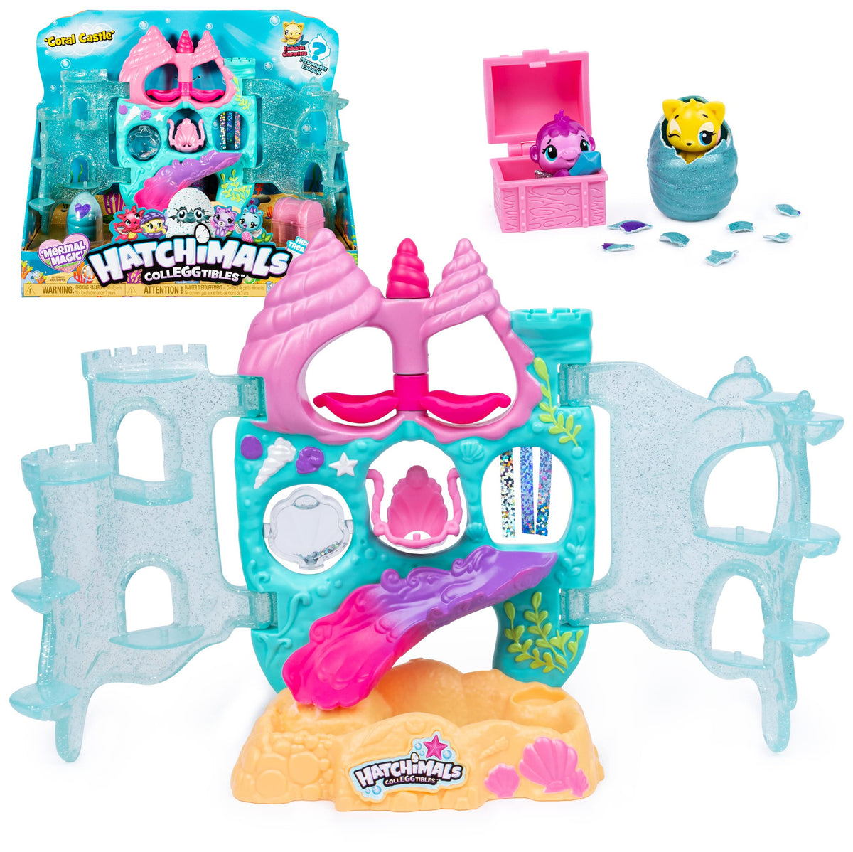 Hatchimals Coral Castle playset opens to reveal underwater world for imaginative adventures.