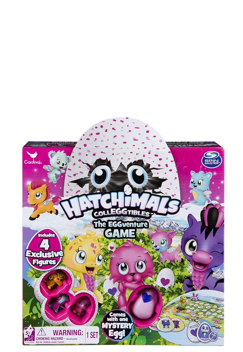 Hatchimals Eggventure game box cover featuring four exclusive figures for 2-4 players.