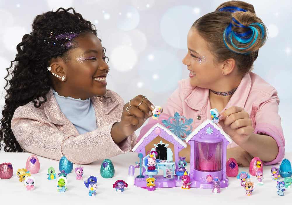 Hatchimals Glitter Salon vanity chair with swiveling mirror keeps accessories organized.
